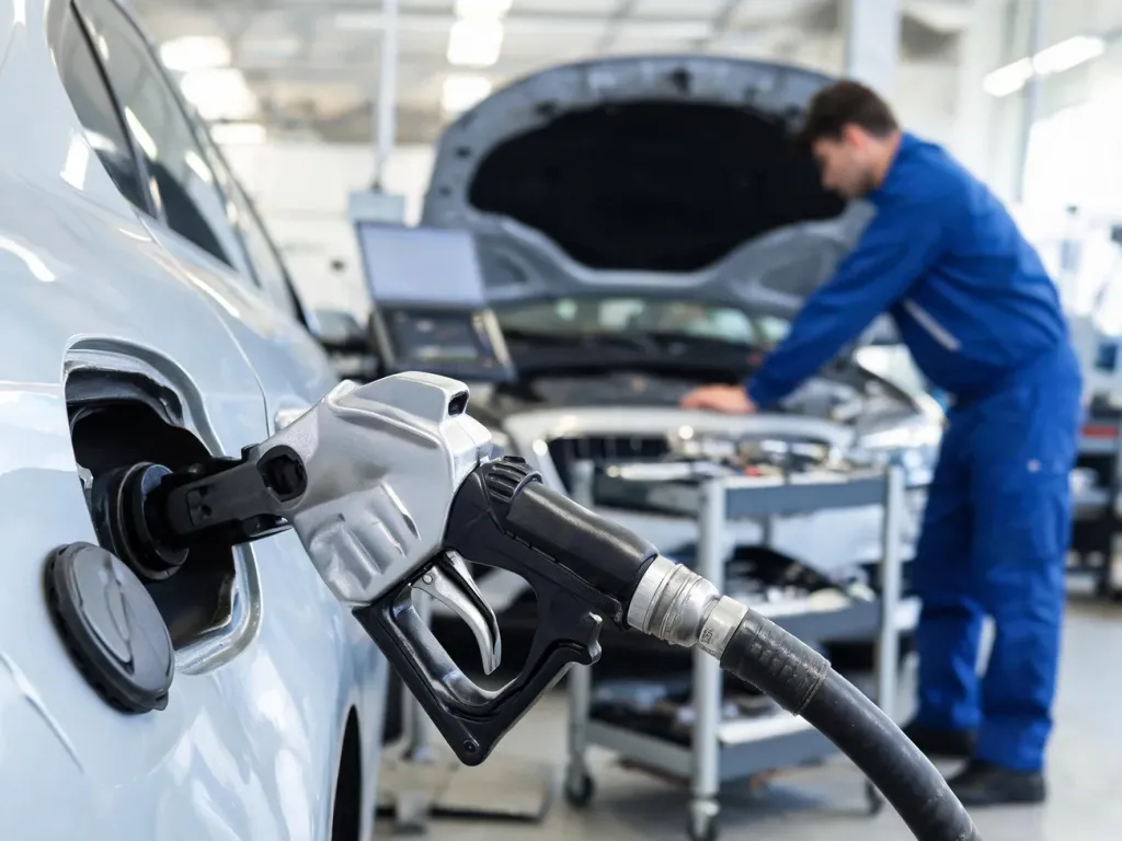 Dystrybutor paliwa przy wlewie auta, w tle mechanik diagnozujący silnik w jasnym, profesjonalnym warsztacie