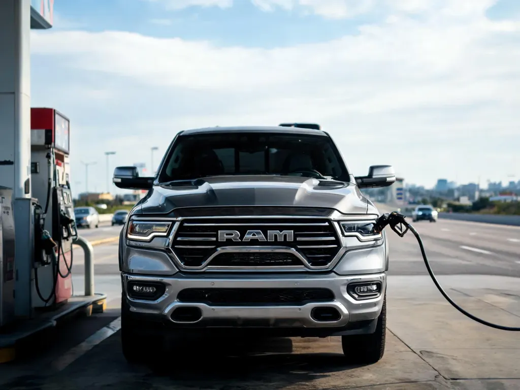 Dodge Ram tankowany na stacji benzynowej, w tle droga szybkiego ruchu – symbol realnego spalania w trasie i mieście.