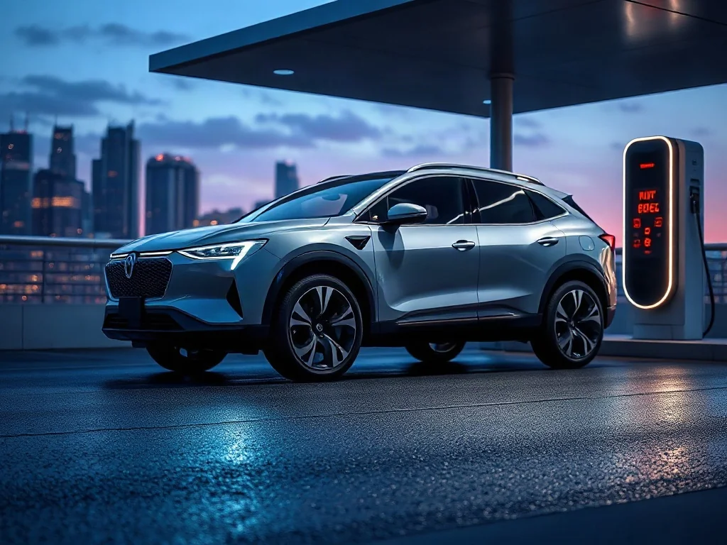 Nowoczesny elektryczny SUV Audi Q6 e-tron zaparkowany przy stacji ładowania w wieczornej scenerii miasta.
