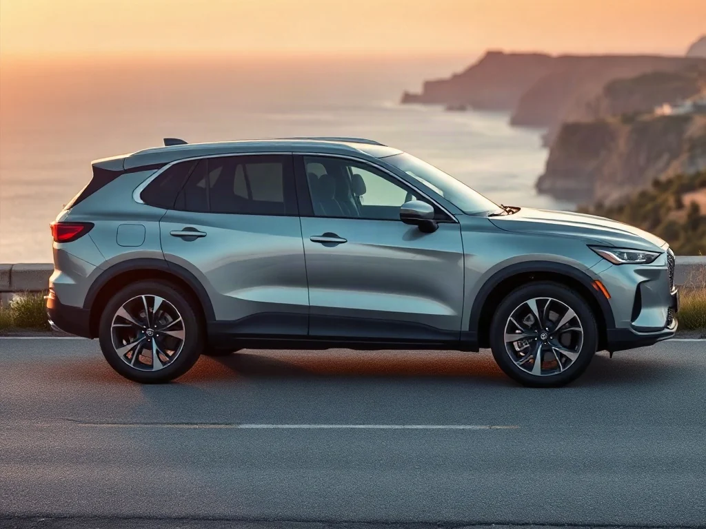 Srebrna Mazda CX-80 zaparkowana na malowniczym nadmorskim klifie podczas zachodu słońca.