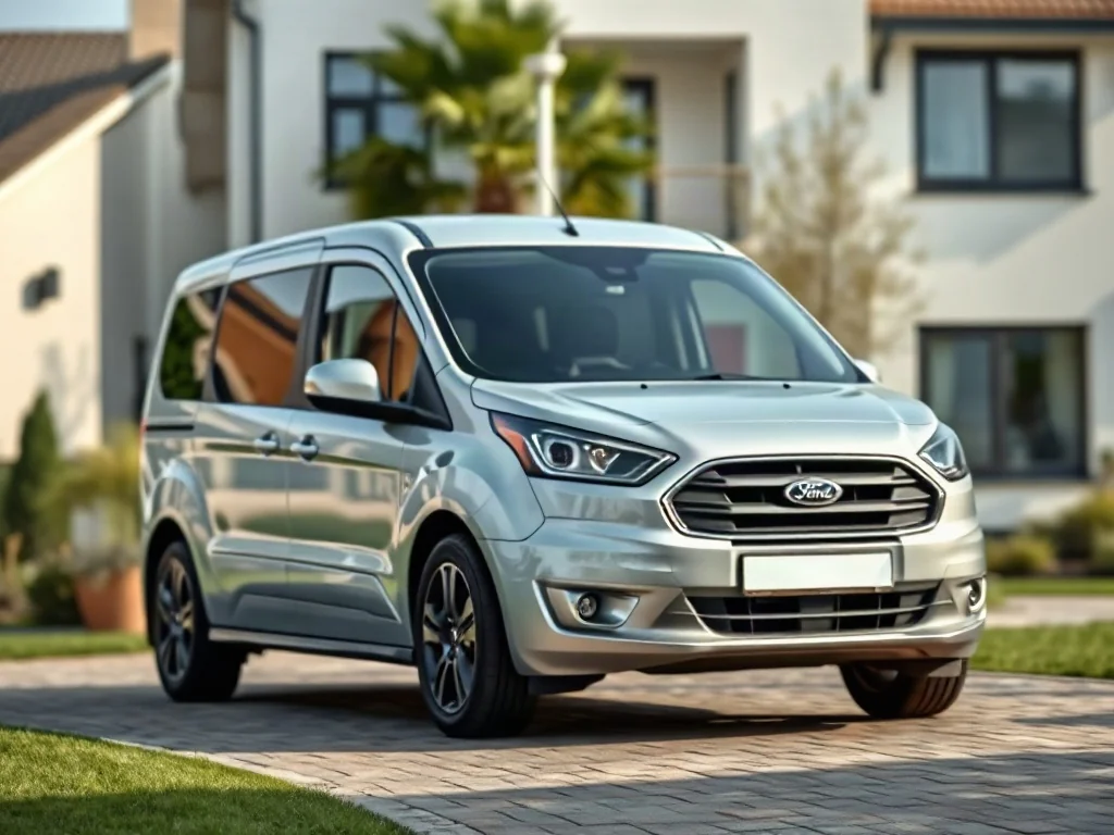 Srebrny Ford Grand Tourneo Connect zaparkowany na nowoczesnym podjeździe przed domem.