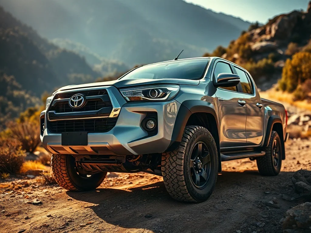 Srebrny pickup Toyota Hilux zaparkowany na piaszczystym szlaku w otoczeniu górskiego krajobrazu.
