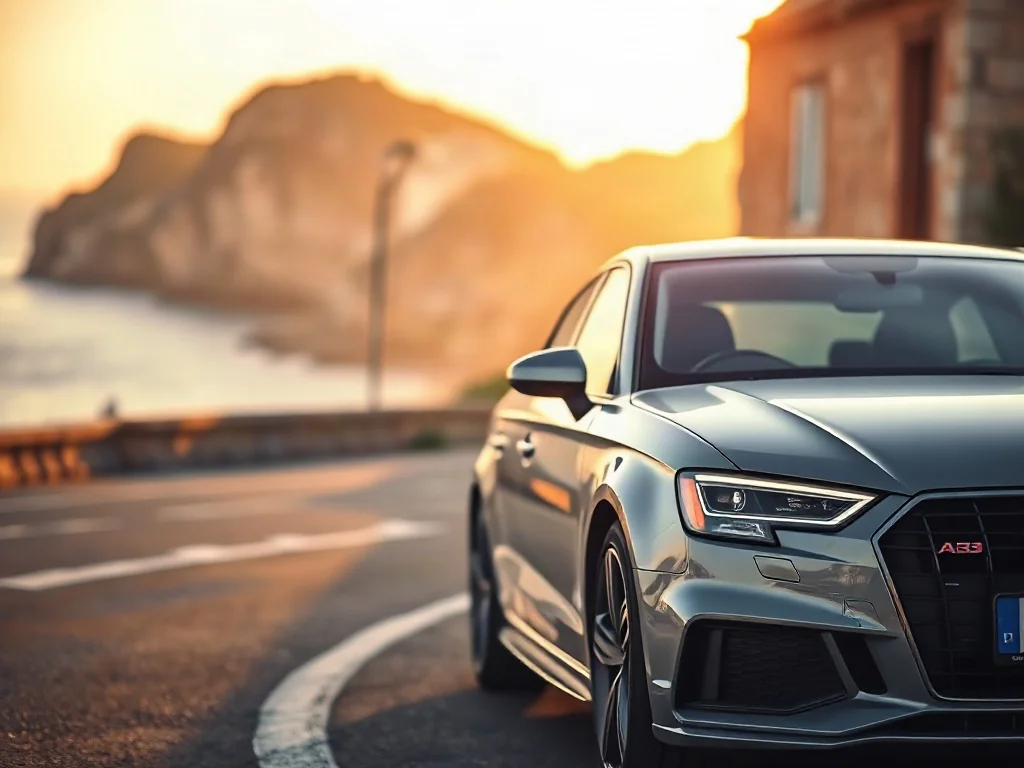 Srebrne Audi A3 Sportback zaparkowane na malowniczej nadmorskiej drodze podczas złotej godziny.