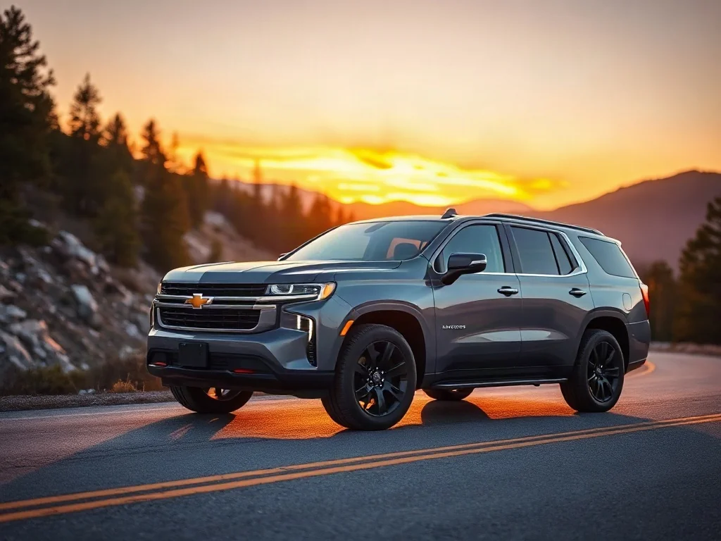 Nowoczesny Chevrolet Tahoe zaparkowany na górskiej drodze w blasku zachodzącego słońca.