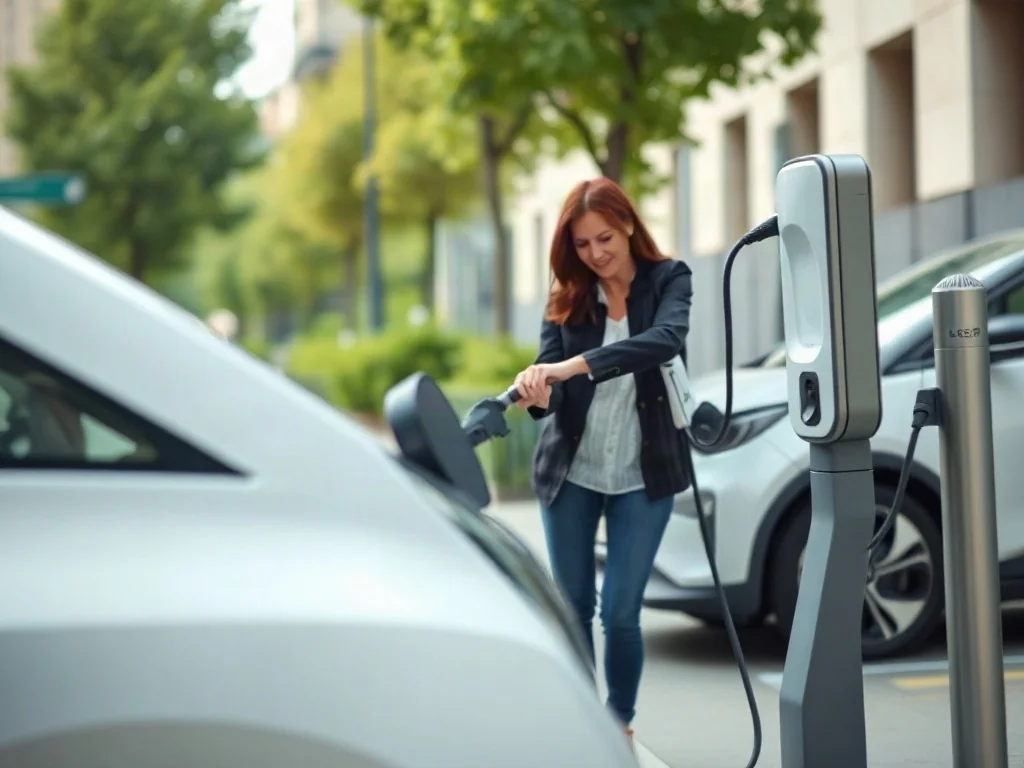 Kobieta podłącza biały samochód elektryczny Renault Zoe do nowoczesnej stacji ładowania w miejskim otoczeniu.