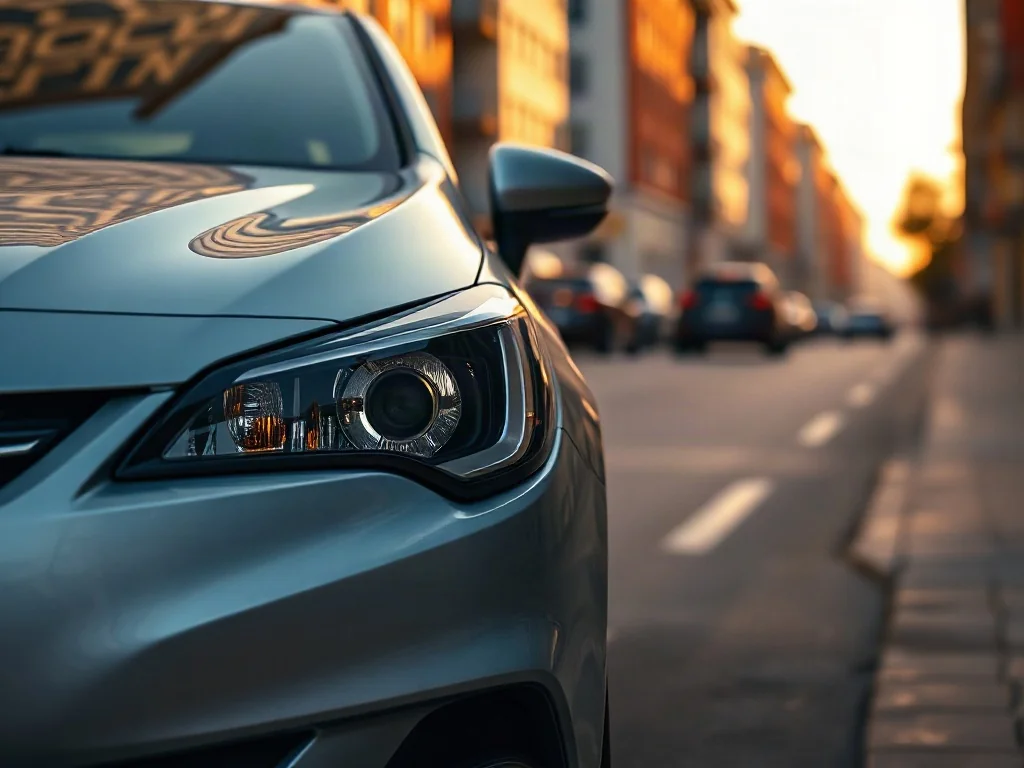 Srebrny Opel Corsa zaparkowany na miejskiej ulicy w blasku zachodzącego słońca, podkreślający nowoczesny design modelu.