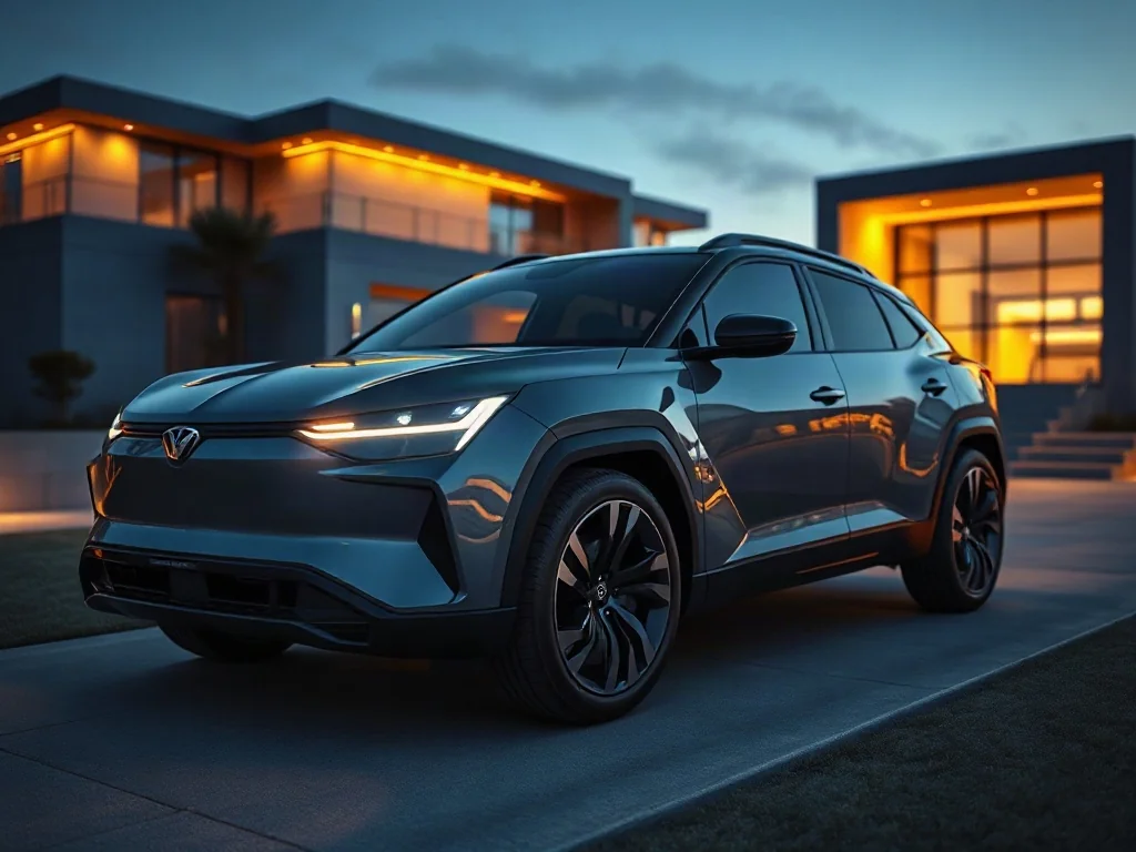 Futurystyczny SUV BMW X8 zaparkowany na podjeździe nowoczesnej willi o zmierzchu. Elegancka sylwetka z podświetlanymi LED.