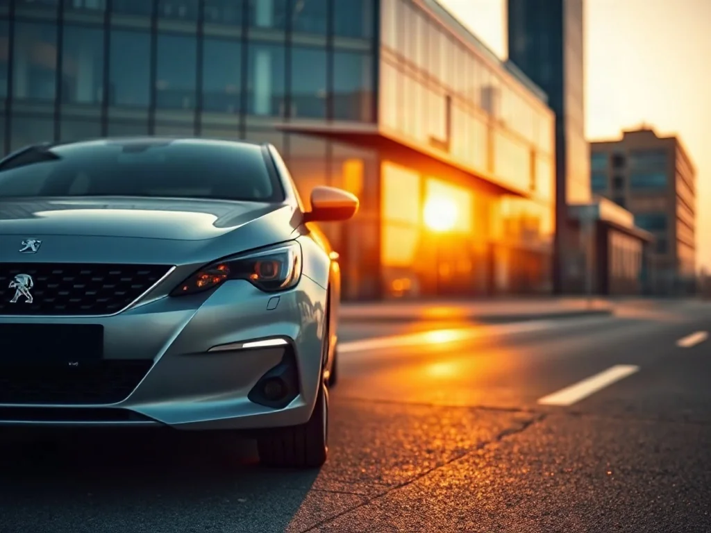Srebrny Peugeot 308 zaparkowany na nowoczesnej ulicy w świetle zachodzącego słońca, eksponujący detale przednich reflektorów.