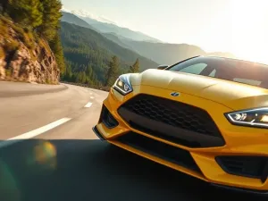 Srebrny SUV marki Skoda zaparkowany na malowniczej górskiej drodze podczas zachodu słońca z mężczyzną opartym o auto.