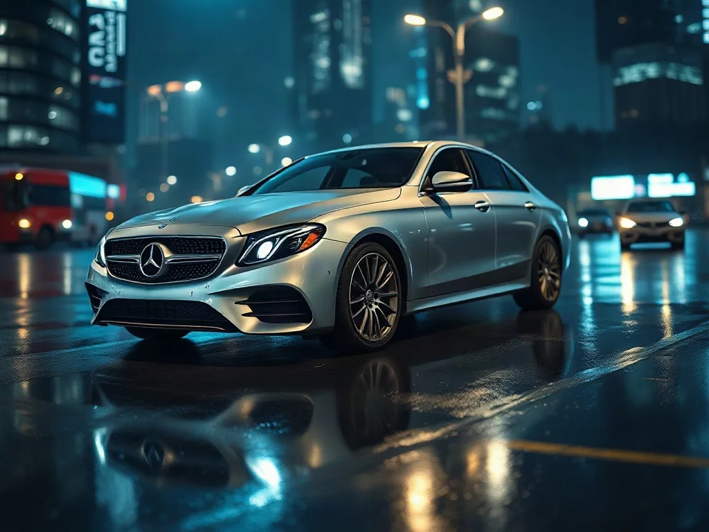 Srebrny Mercedes klasy E W213 zaparkowany na mokrym asfalcie w scenerii nocnego miasta z efektownym oświetleniem LED.