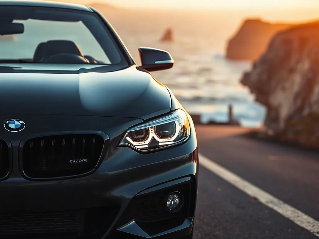 Nowoczesne BMW 230i coupe zaparkowane na malowniczej nadmorskiej drodze podczas złotej godziny.