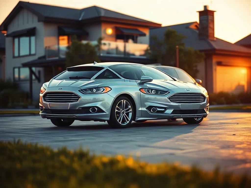 Srebrny Ford Mondeo sedan zaparkowany na nowoczesnym podjeździe w świetle zachodzącego słońca.