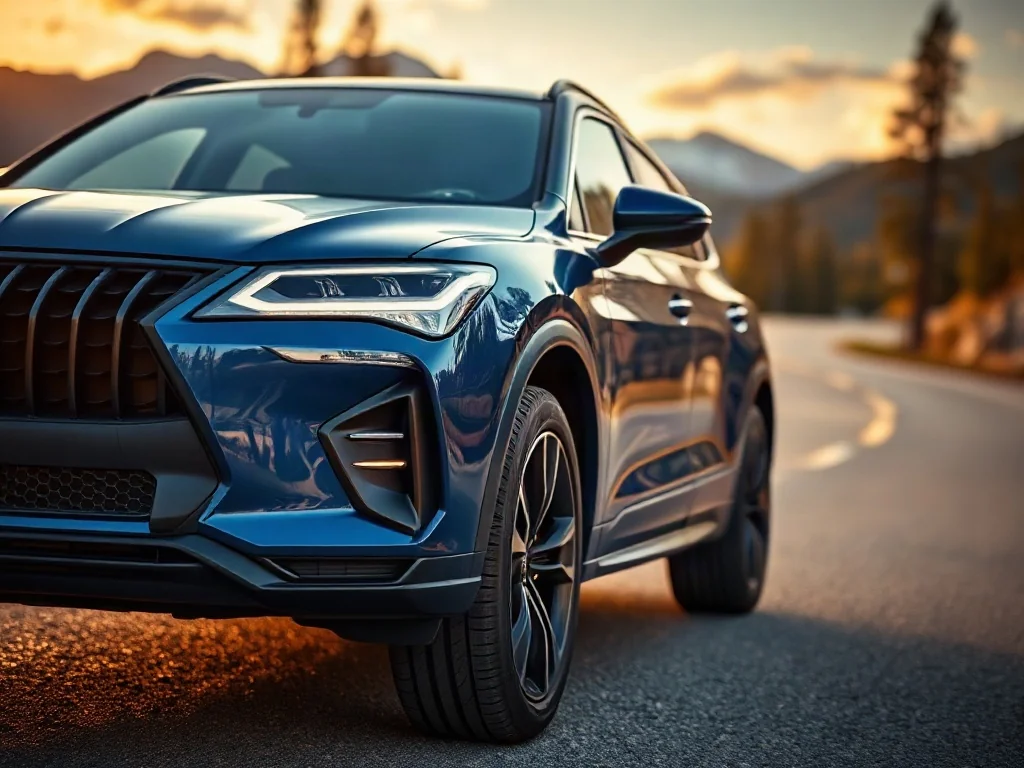 Niebieska Skoda Kodiaq RS zaparkowana na krętej górskiej drodze podczas zachodu słońca, podkreślająca sportowy charakter auta.