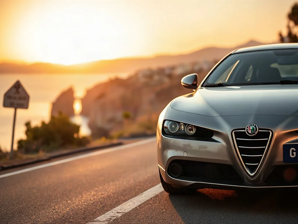 Srebrna Alfa Romeo 159 zaparkowana na malowniczym włoskim wybrzeżu podczas zachodu słońca.